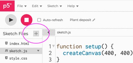 Screenshot of p5.js editor with plus button highlighted