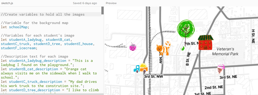Screenshot of finished participatory map in p5.js editor