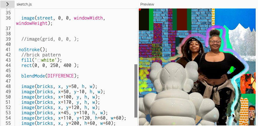 Sample code and image of an interactive collage project in p5.js