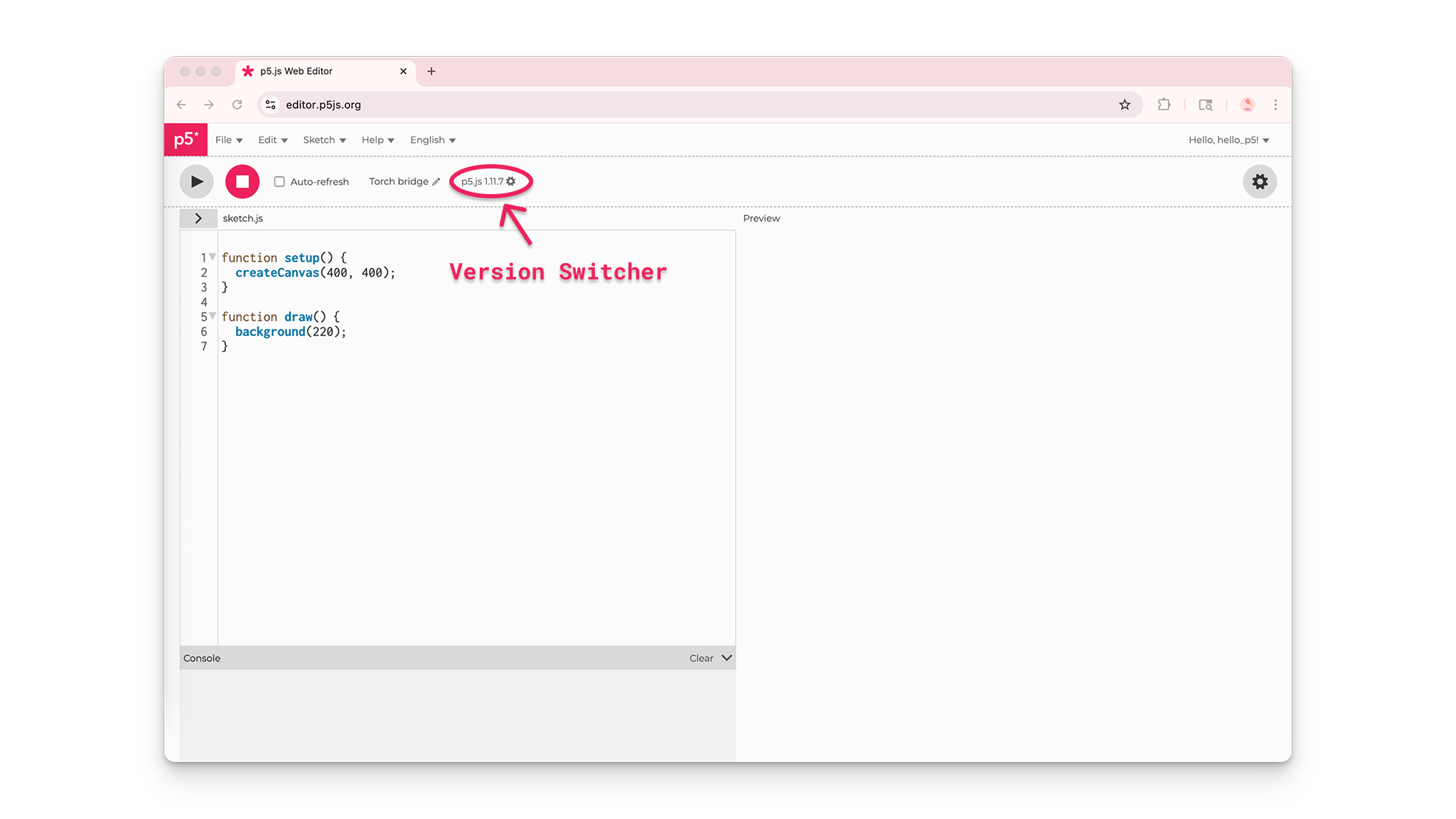 p5.js Editor version switcher