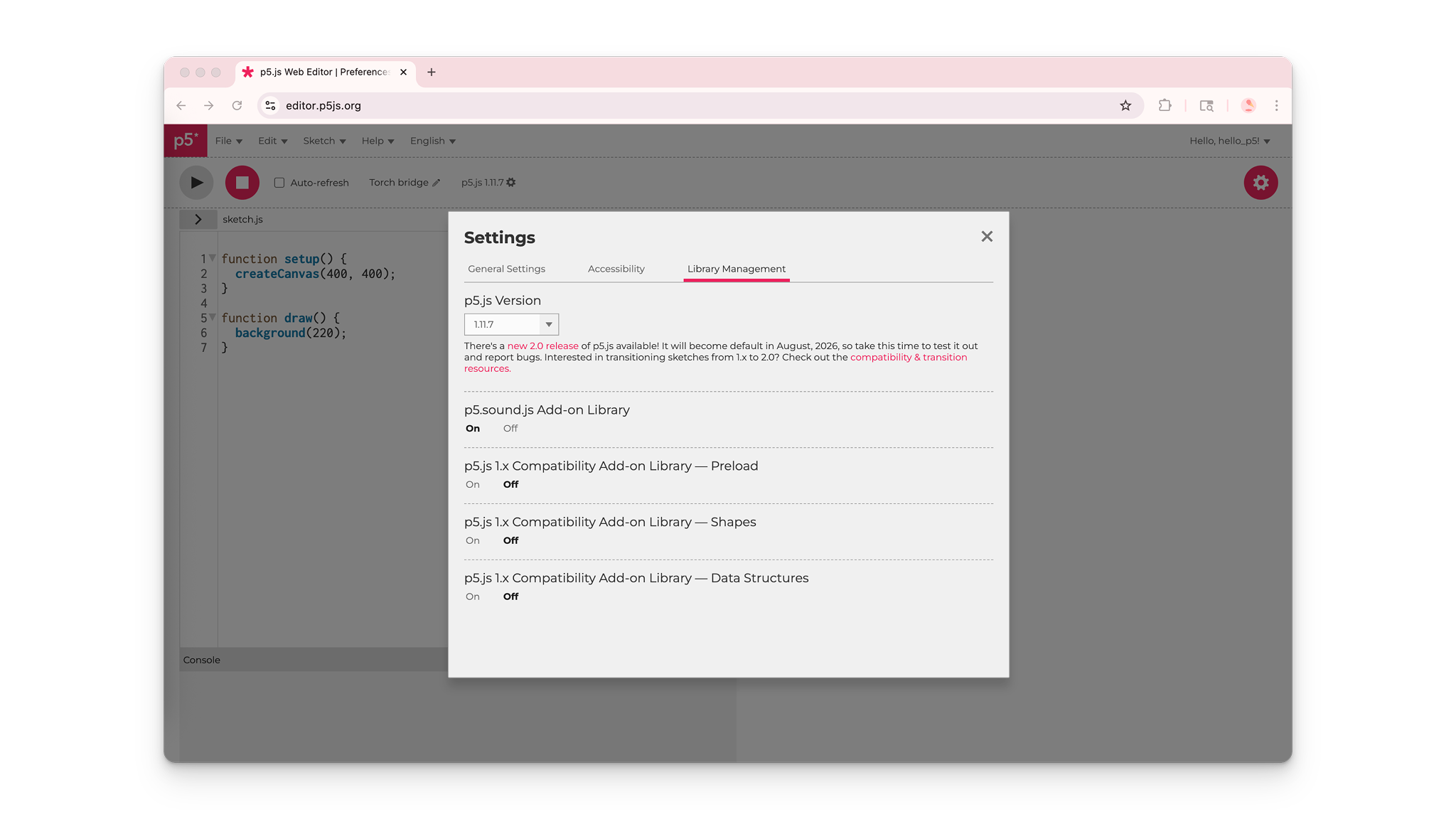 p5.js Editor version switcher