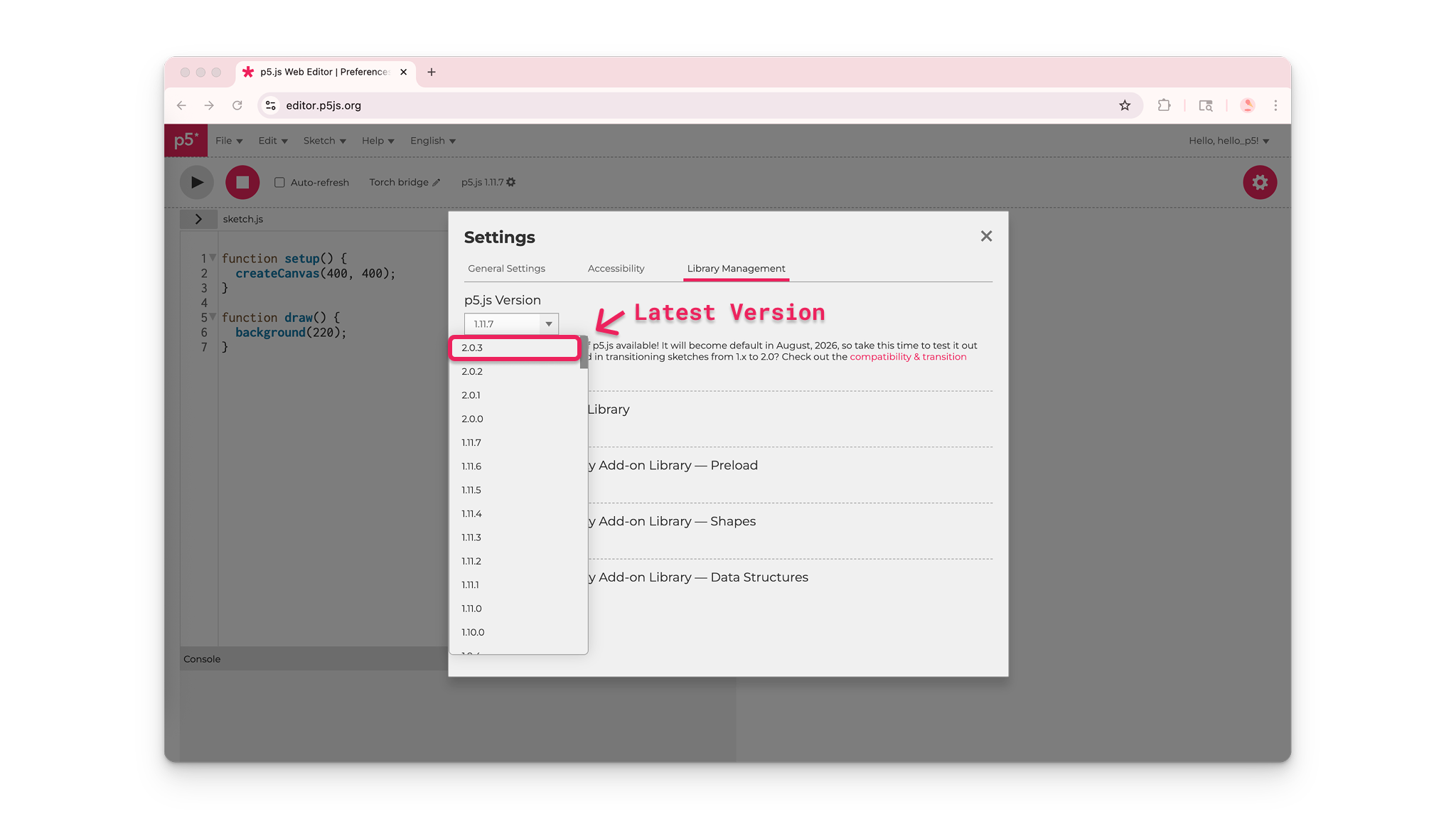 p5.js Editor version switcher
