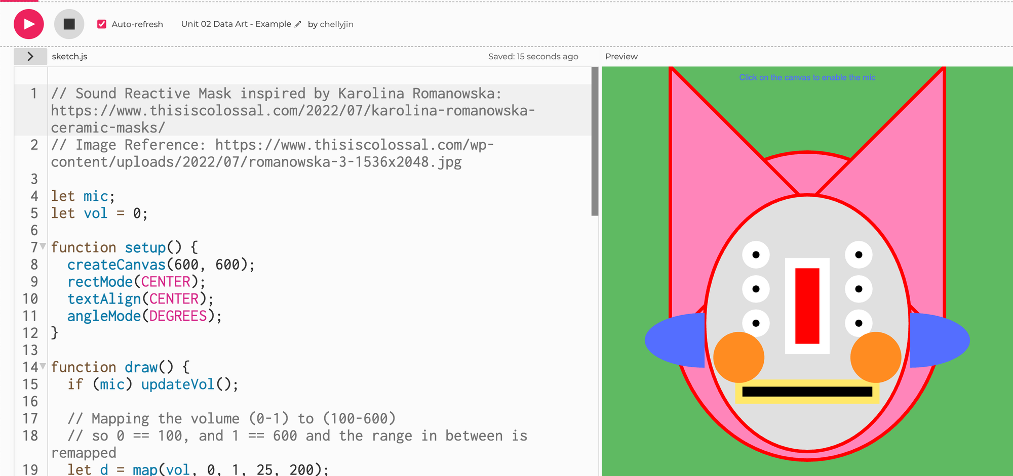 Screenshot of p5.js sketch of a pink and blue mask!